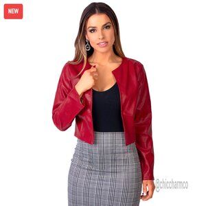Faux Leather Cropped Jacket Long Sleeve Bolero Blazer Women's S